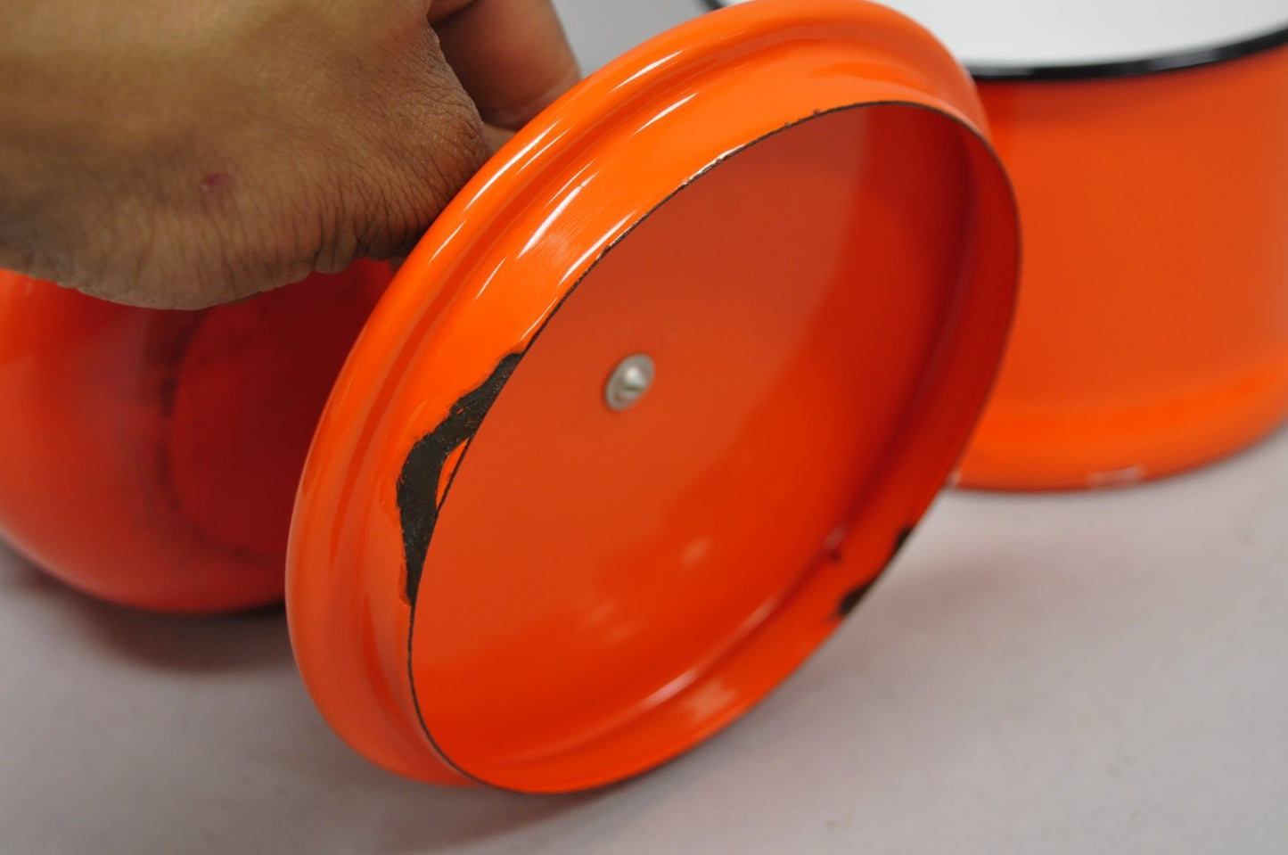 Vintage Enamel Orange & Black Metal Double Boiler Nesting Pot w/ Lid