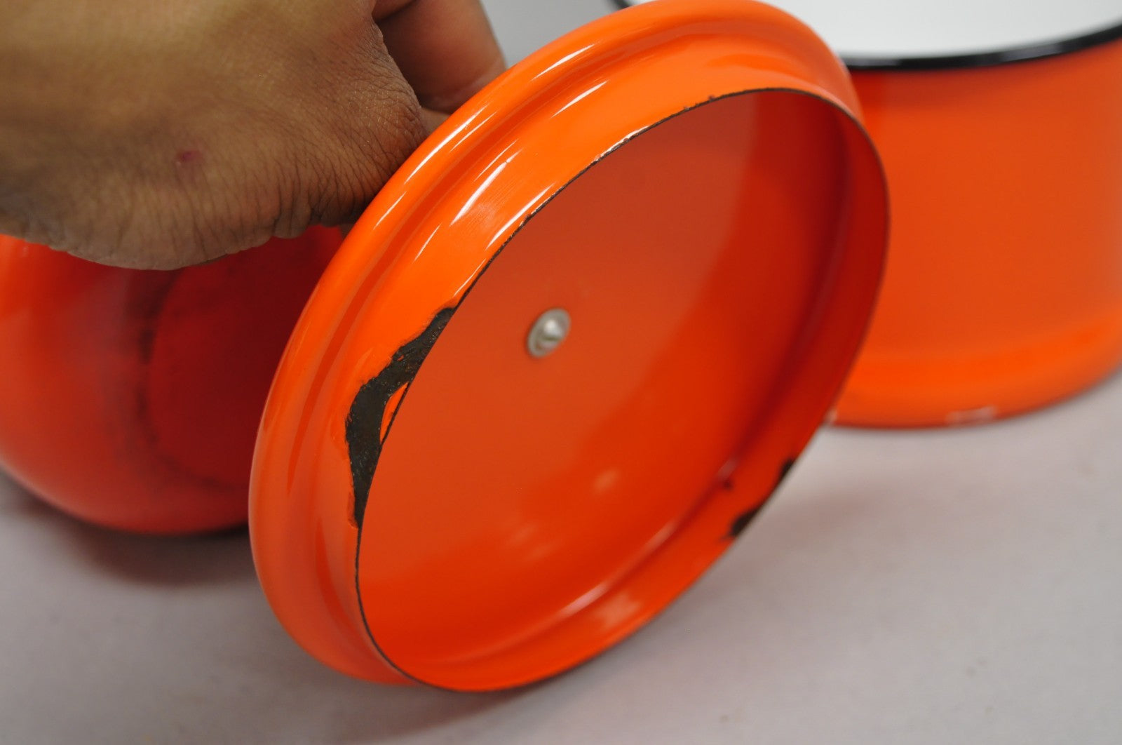 Vintage Enamel Orange & Black Metal Double Boiler Nesting Pot w/ Lid