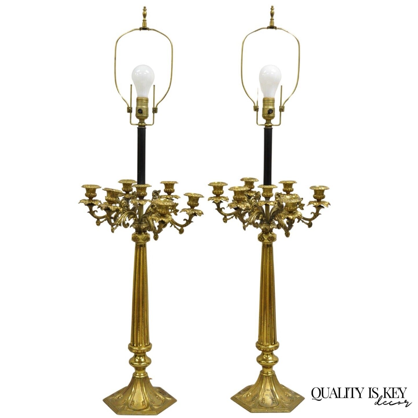 Antique Gothic French Empire Renaissance Bronze Candelabra Table Lamps - a Pair