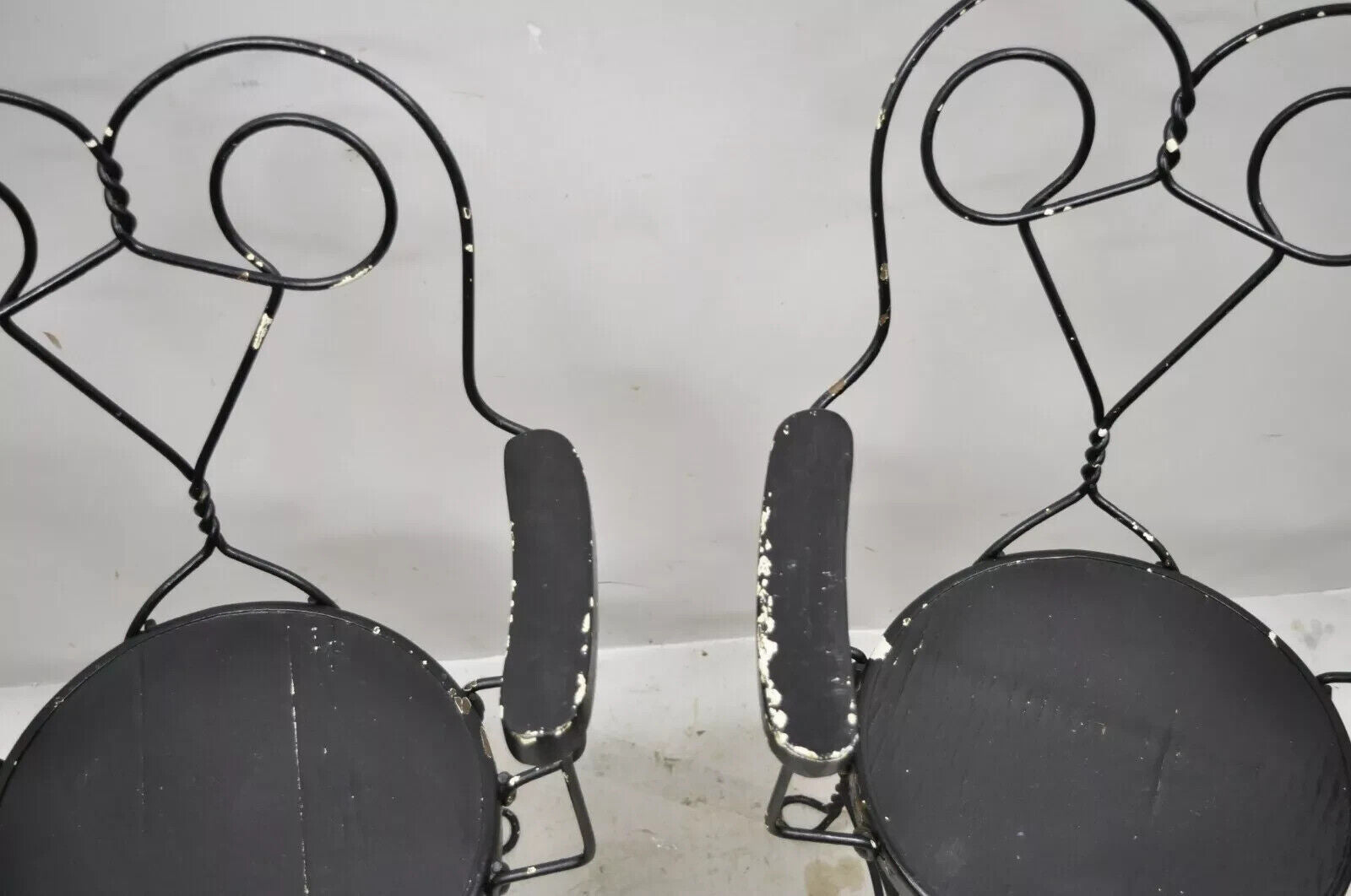 Antique Wrought Iron Twisted Metal Ice Cream Parlor Arm Chairs Wood Arms - Pair