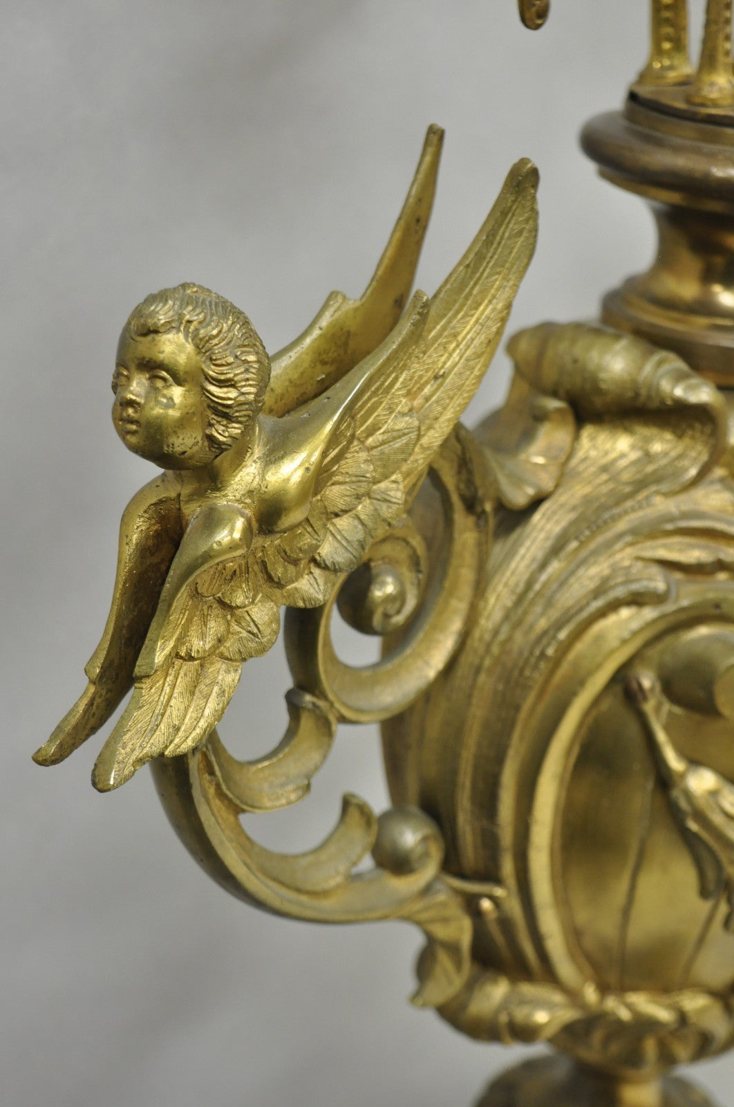 Large Antique French Rococo Louis XV Figural Cherub Bronze Candelabra Lamps Pair