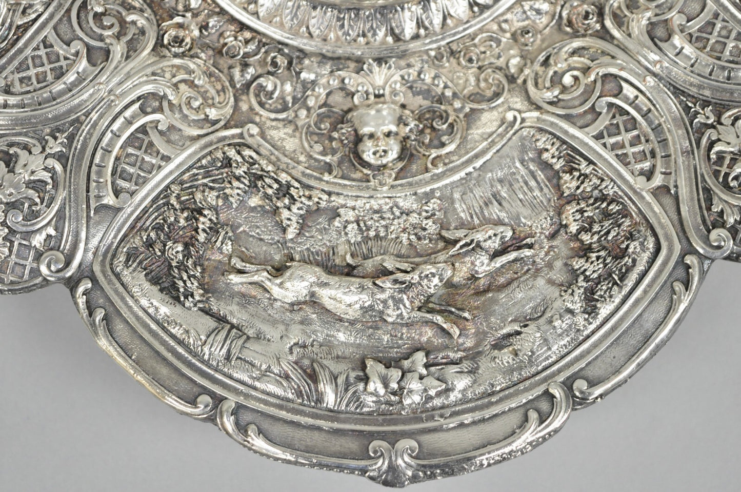 Antique English Victorian Stag Mounted Crystal Glass Inkwell Silver Plated Tray