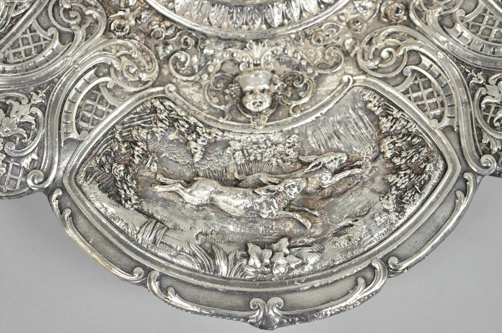 Antique English Victorian Stag Mounted Crystal Glass Inkwell Silver Plated Tray