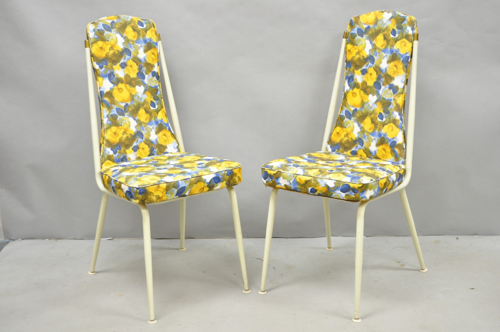 Vintage Retro Atomic Era Metal Kitchen Dining Chairs w/ Blue Yellow Flowers Pair