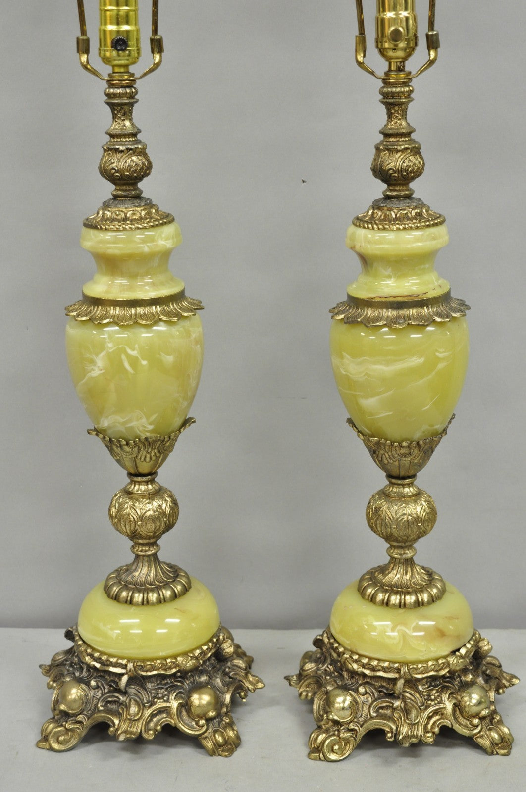 Vintage French Baroque Hollywood Regency Green Onyx Brass Table Lamps - a Pair