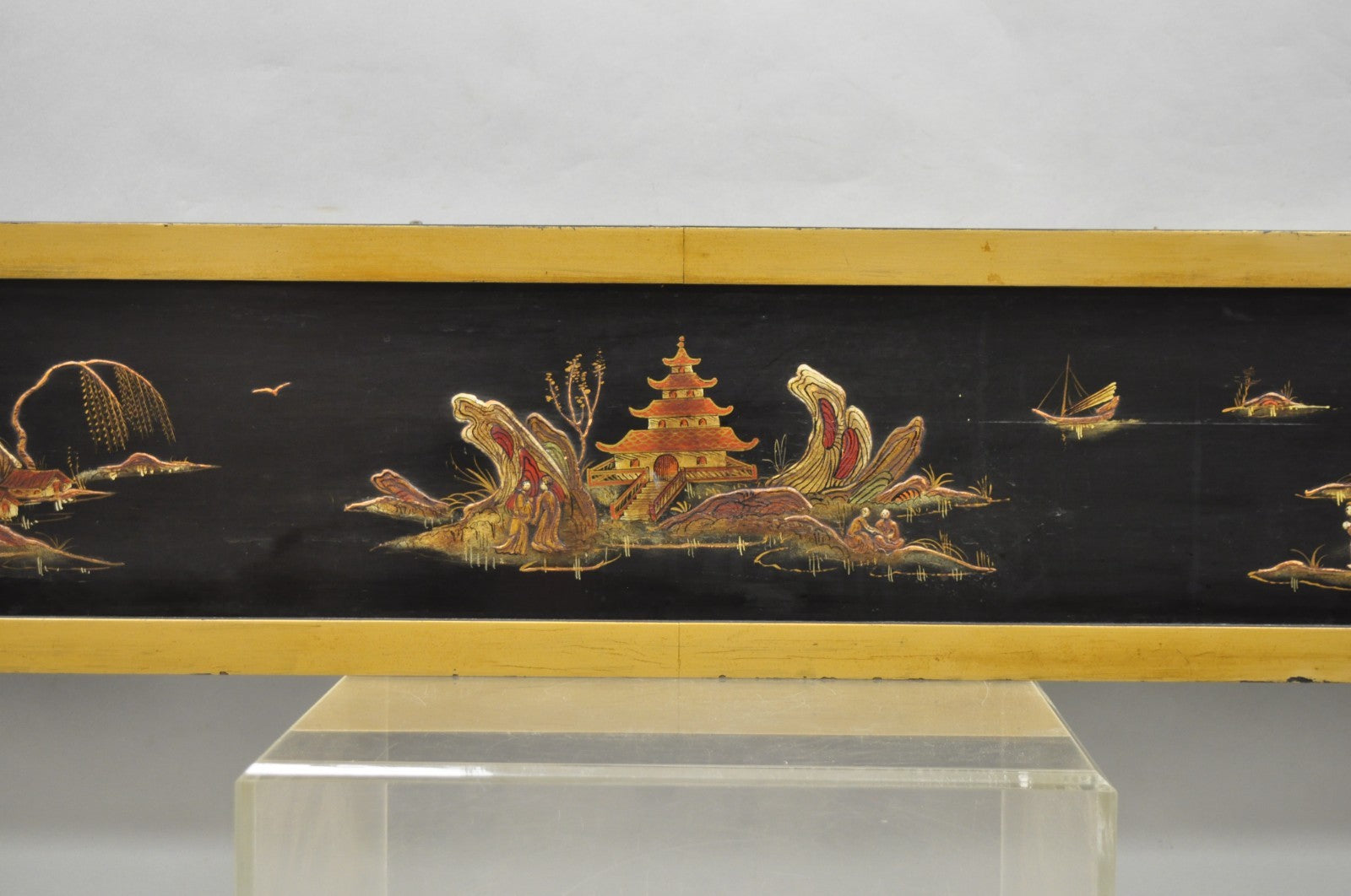 Vintage Chinoiserie Oriental Black Lacquer & Gold Greek Key 77" Window Valance