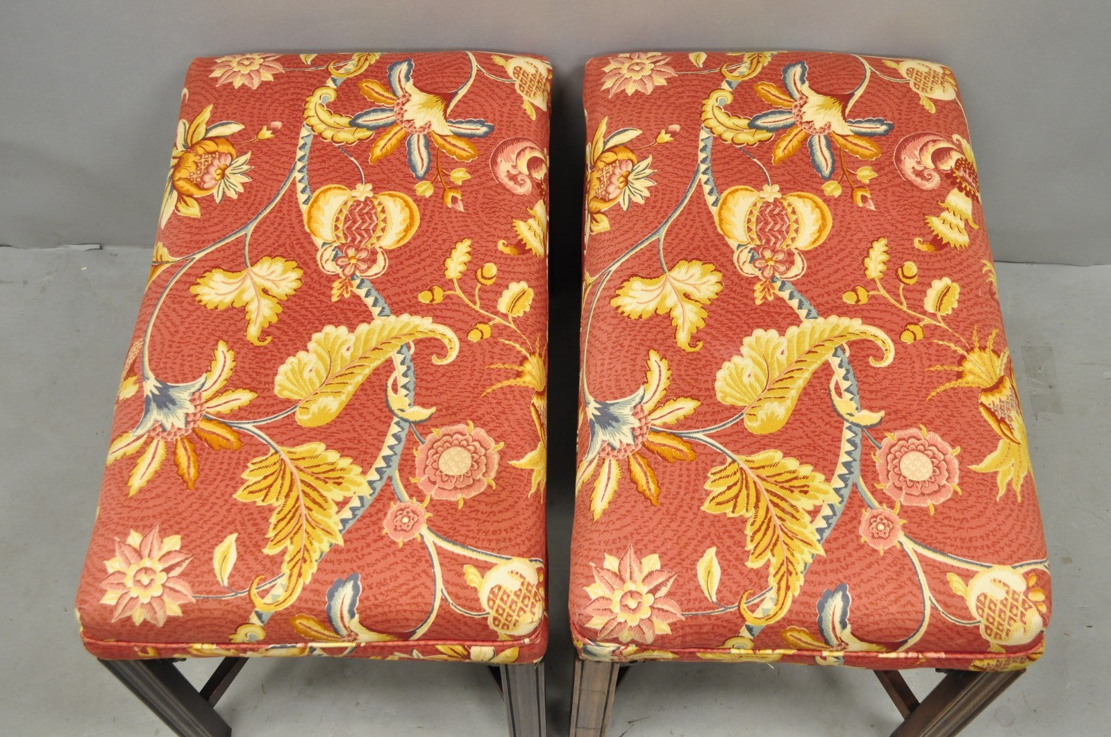 Vintage Chinese Chippendale Style Carved Mahogany Fretwork Bench Stool - Pair