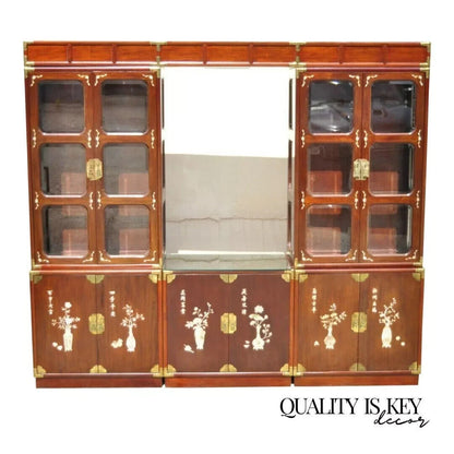 Vintage Chinese Mother of Pearl Hardwood China Cabinet Curio Display Wall Unit
