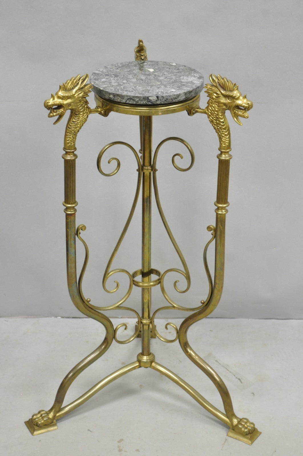 Antique Italian Renaissance Brass Figural Dragon Head Pedestal Table Plant Stand