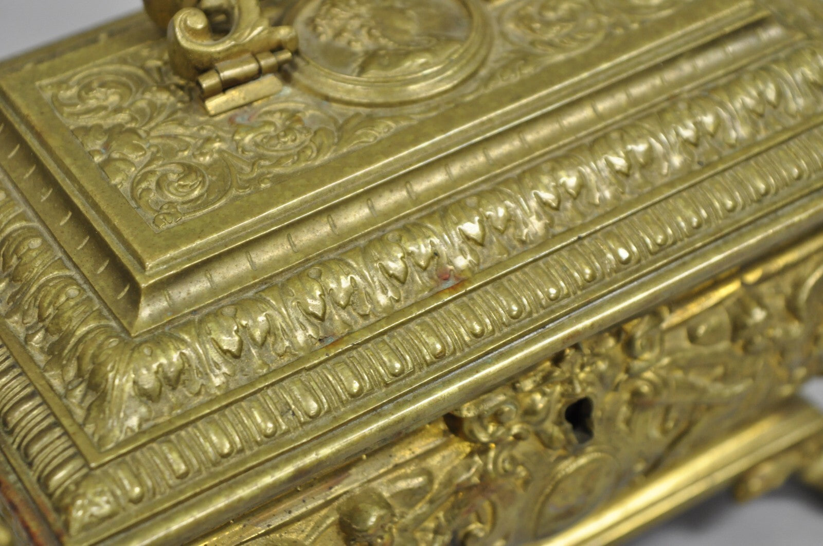 Antique French Renaissance Figural Bronze Casket Jewelry Box with Cherubs