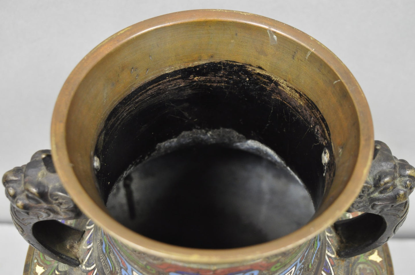 Antique Japanese Champleve Cloisonne Enamel Bronze Twin Handle 14" Vessel Vase