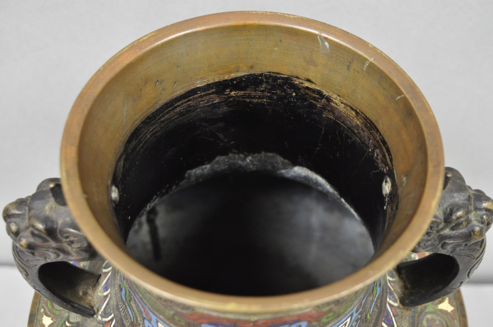 Antique Japanese Champleve Cloisonne Enamel Bronze Twin Handle 14" Vessel Vase