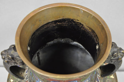 Antique Japanese Champleve Cloisonne Enamel Bronze Twin Handle 14" Vessel Vase