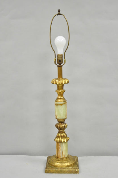 Vintage Italian Hollywood Regency Carved Gold Giltwood & Marble Table Lamp