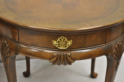 Vintage Baker English Queen Anne Style Burl Walnut Round Lamp End Tables - Pair
