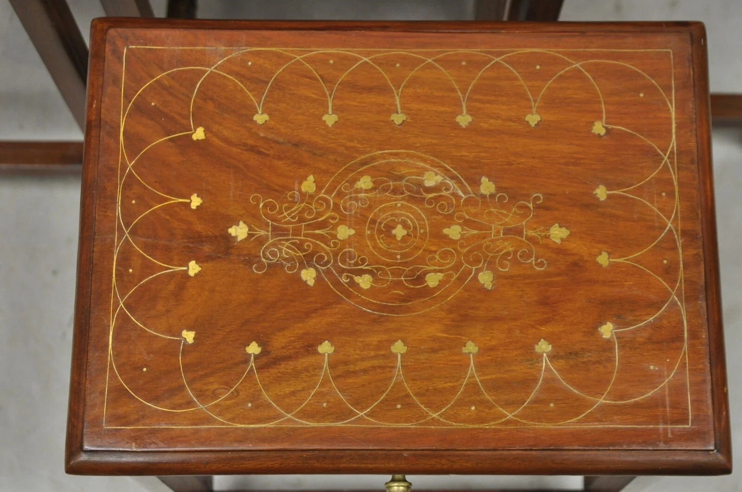 Antique Anglo Indian Brass Marquetry Inlay Nesting Side End Tables - Set of 4