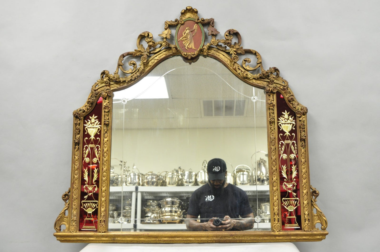 Antique French Neoclassical Baroque Gold Gilt Gesso Red Glass Frame Wall Mirror