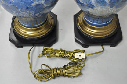 Vintage Paul Hanson Chinoiserie Blue Poreclain Flower Oriental Table Lamp Pair
