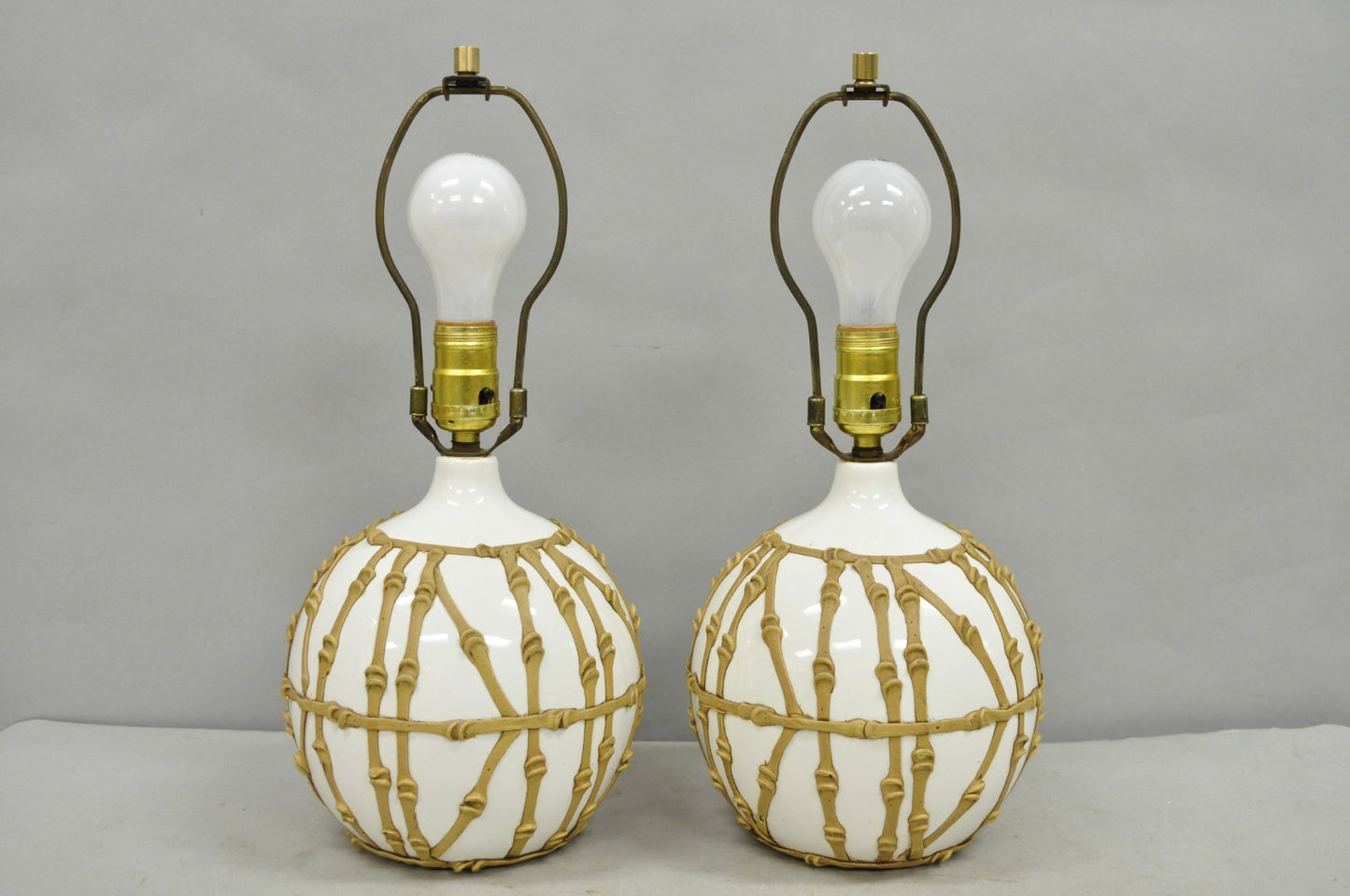 Vintage Hollywood Regency Small Bulbous Ceramic Faux Bamboo Table Lamps - a Pair