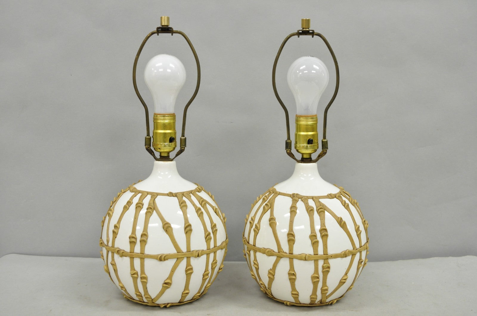 Vintage Hollywood Regency Small Bulbous Ceramic Faux Bamboo Table Lamps - a Pair