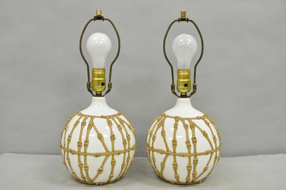 Vintage Hollywood Regency Small Bulbous Ceramic Faux Bamboo Table Lamps - a Pair