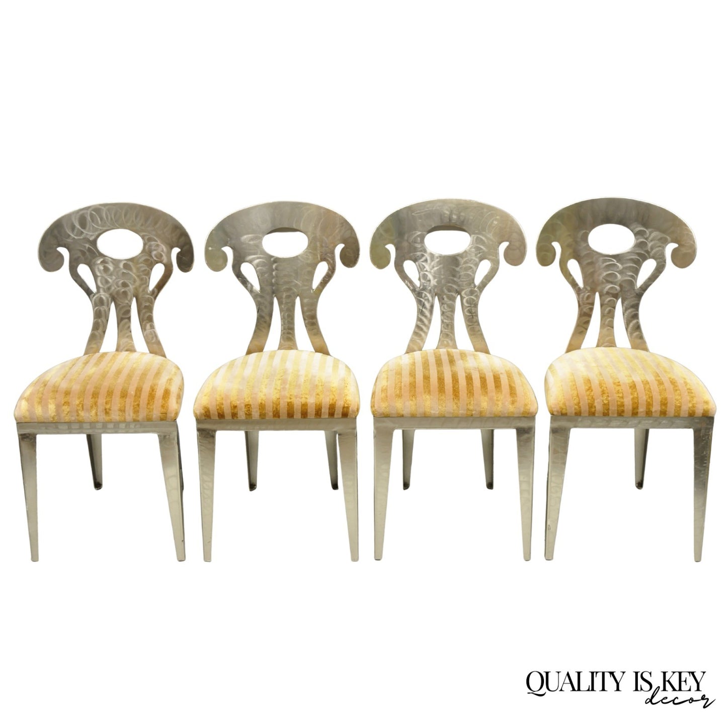 Vintage Postmodern Regency Style Brushed Steel Spade Back Dining Chairs Set of 4