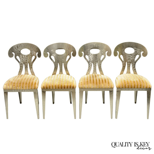 Vintage Postmodern Regency Style Brushed Steel Spade Back Dining Chairs Set of 4
