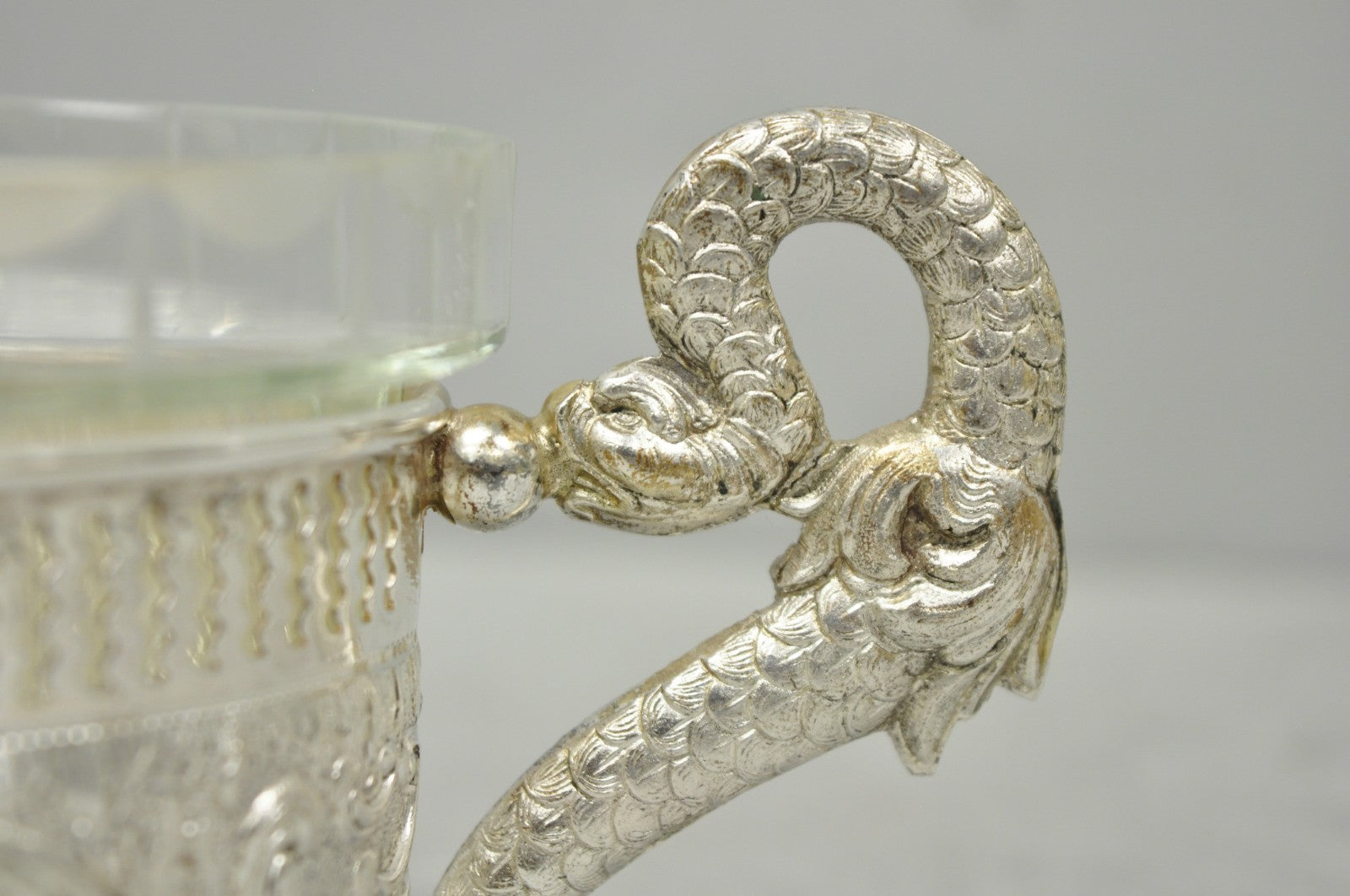 Vintage Italian Regency Silver Plated Dolphin Handle Glass Candy Dish Jardiniere