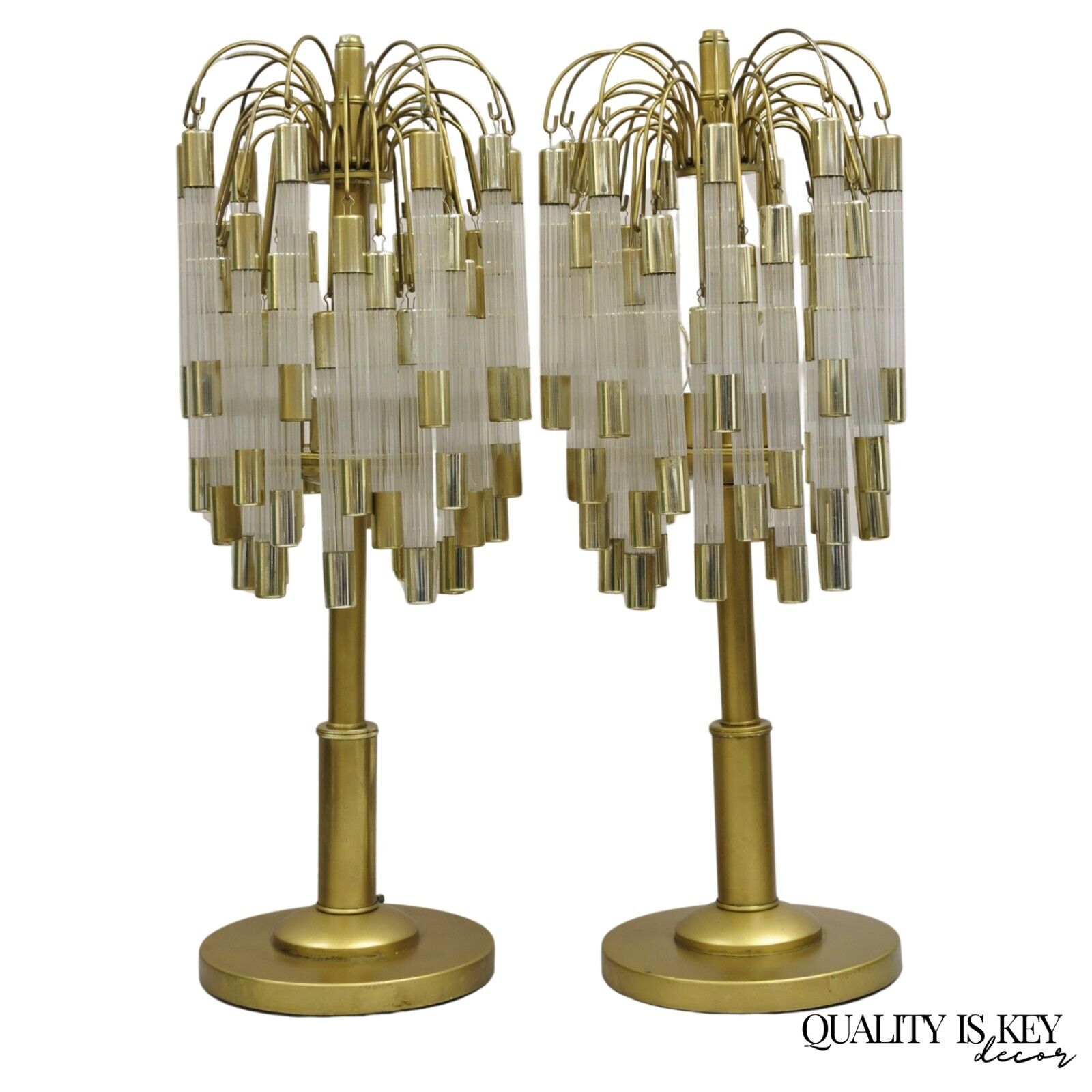 Vintage Hollywood Regency Gold "Palm Tree" Acrylic Waterfall Table Lamps - Pair