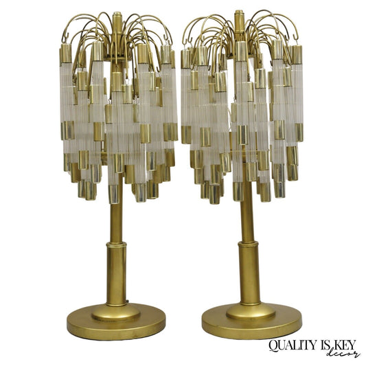 Vintage Hollywood Regency Gold "Palm Tree" Acrylic Waterfall Table Lamps - Pair