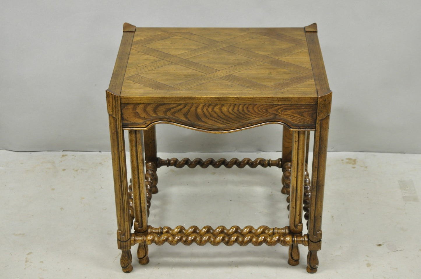 Vintage Baker Barley Twist Oak Parquetry Inlay Nesting Step Lamp Side Tables