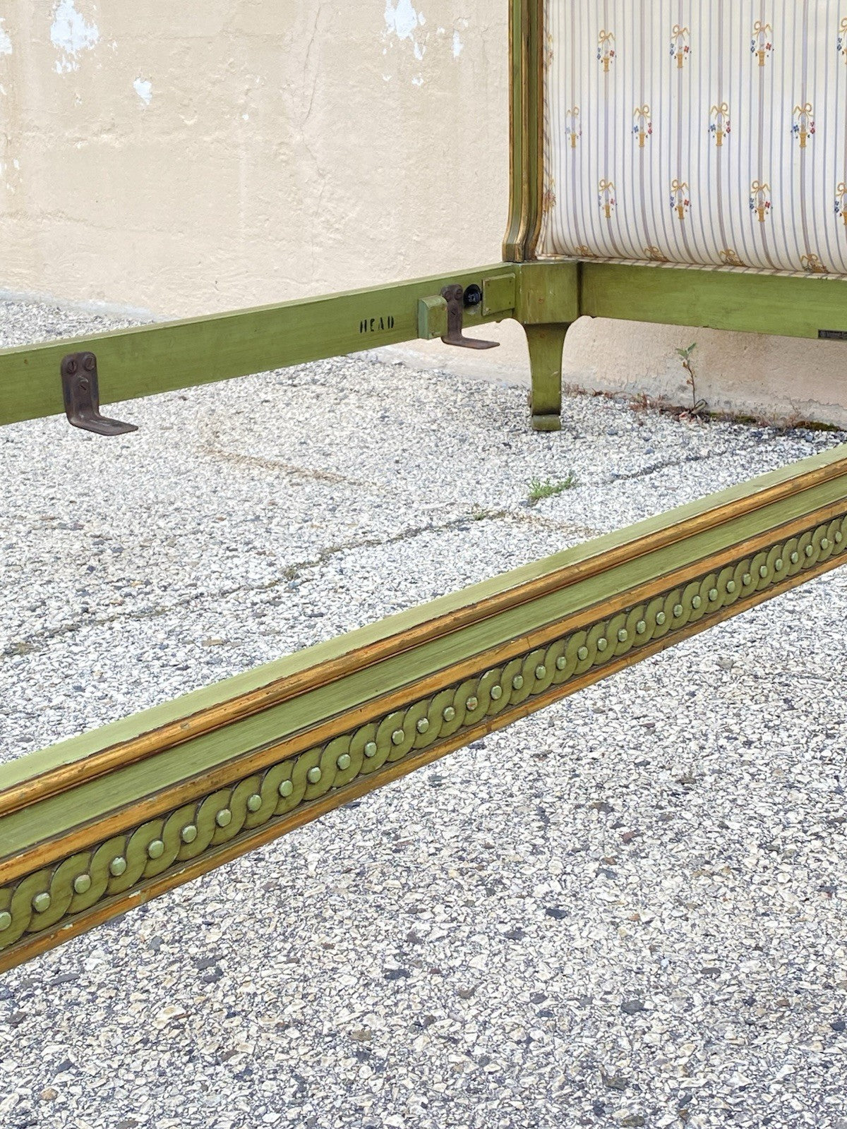 Antique French Louis XVI Style Green Painted Upholstered Twin Bed by Vanleigh