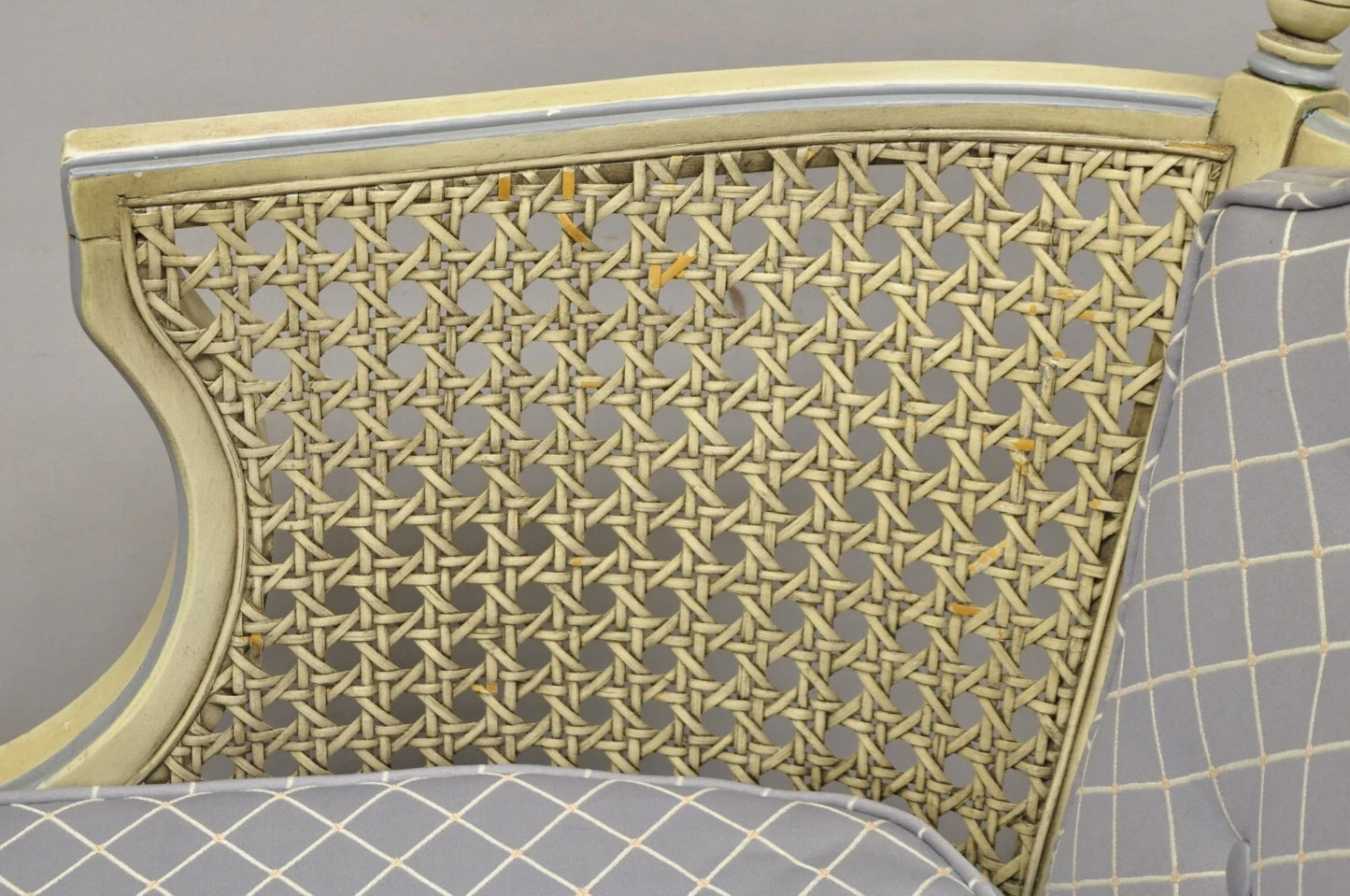 Vintage Hollywood Regency Cream Painted Cane Side Club Lounge Chairs - a Pair