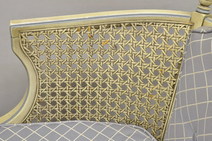 Vintage Hollywood Regency Cream Painted Cane Side Club Lounge Chairs - a Pair