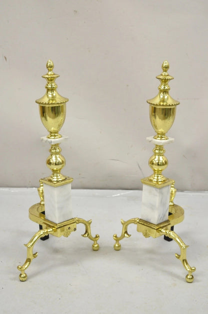 Vintage Brass Urn & Marble Federal Style Branch Leg Fireplace Andirons - a Pair