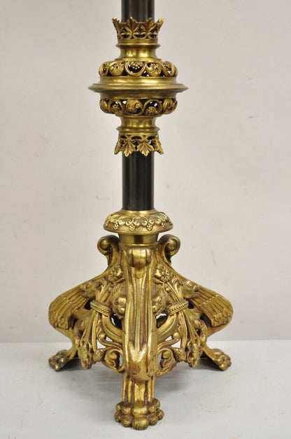 Antique French Gothic Revival Figural Bronze Candlestick Table Lamp by Leandri