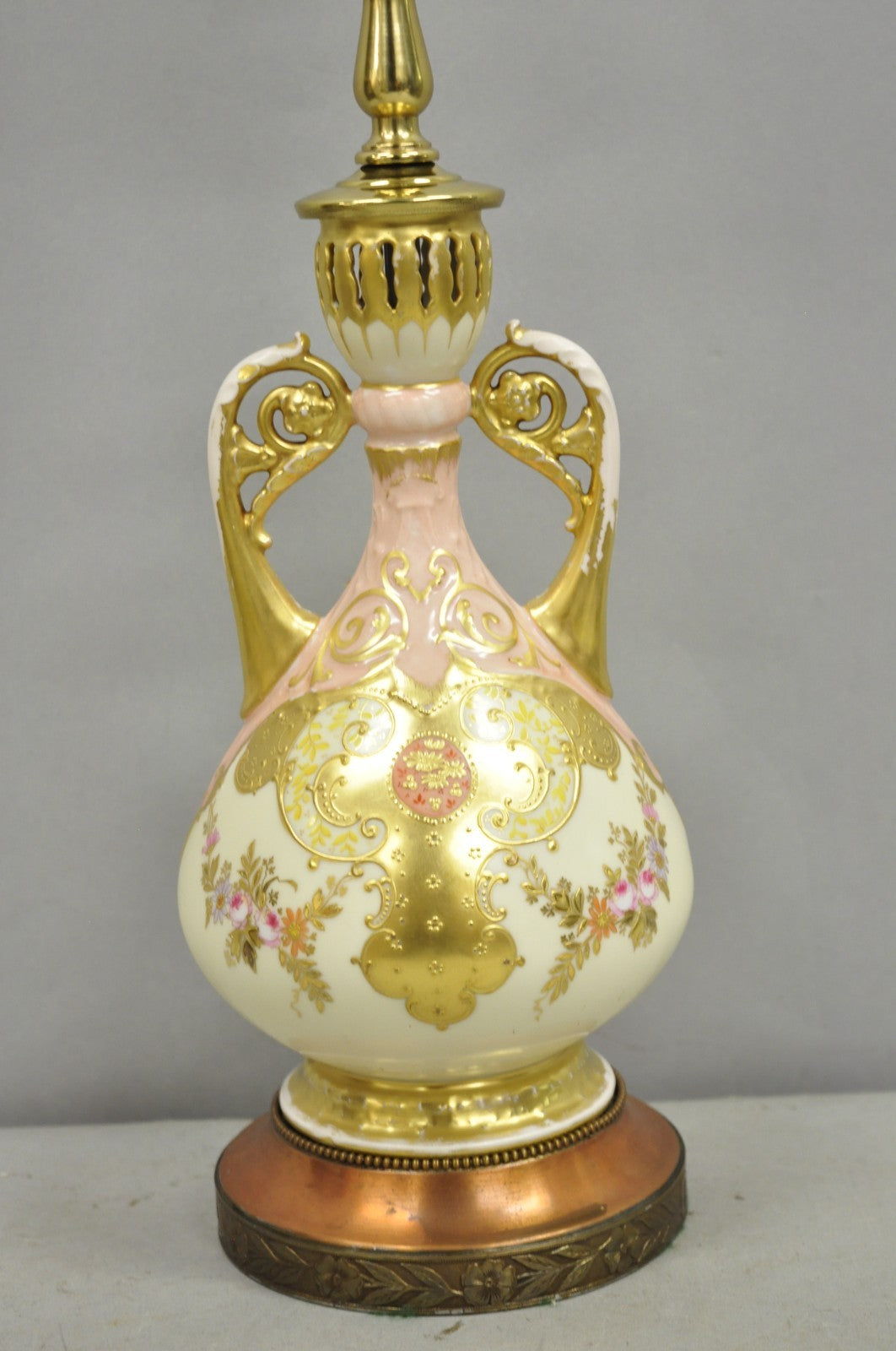 Antique Victorian Austrian Porcelain Pink Gold Gilt Small Boudoir Table Lamp