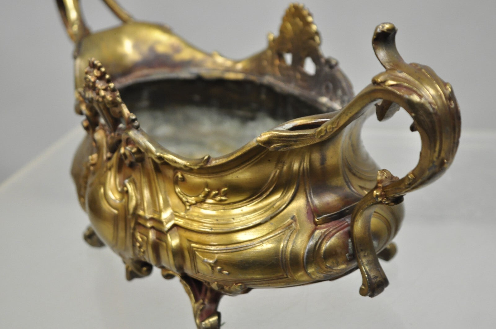 French Art Nouveau Louis XV Gold Spelter Metal Planter Jardiniere Centerpiece