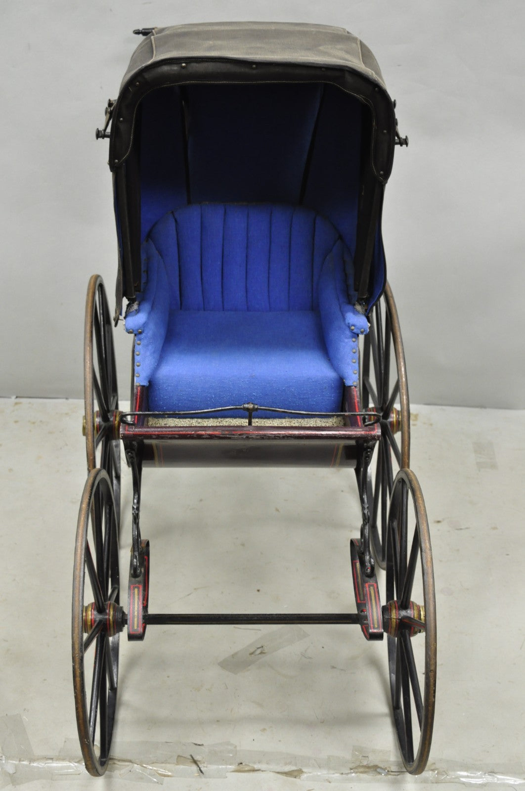 Antique Victorian Hand Painted Baby Carriage Buggy Stroller with Wooden Wheels