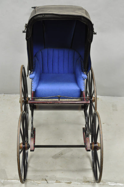 Antique Victorian Hand Painted Baby Carriage Buggy Stroller with Wooden Wheels