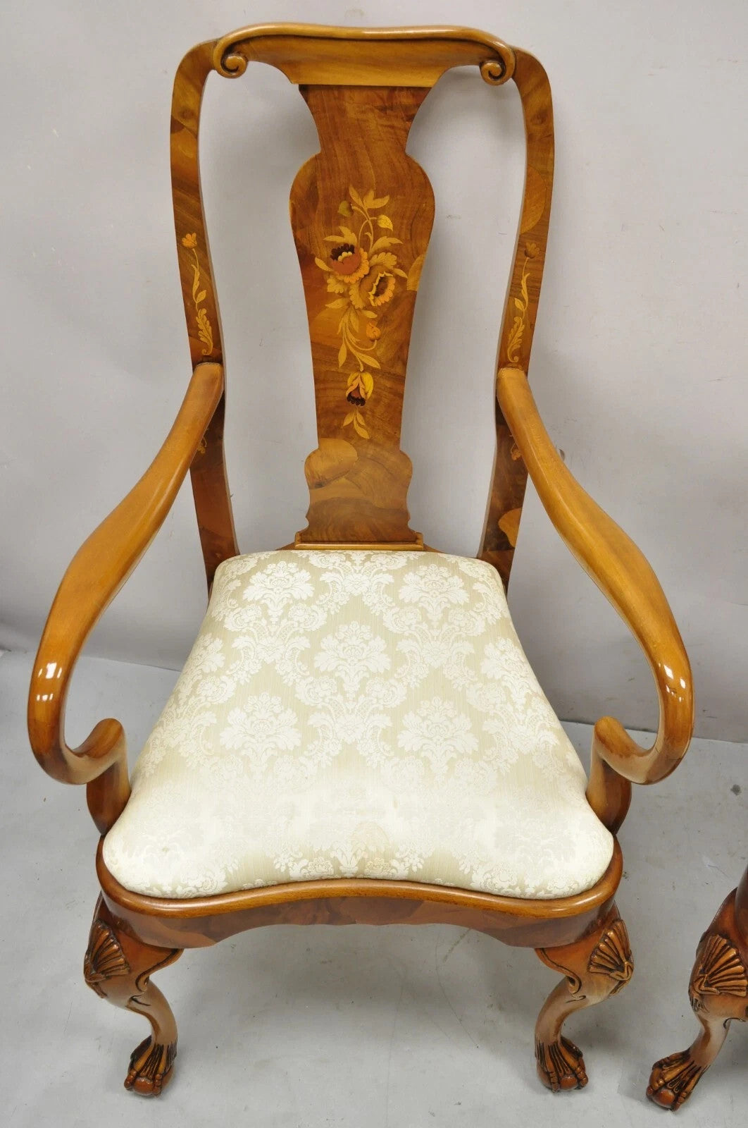 Vintage Queen Anne Style Italian Burl Wood Marquetry Inlay Arm Chairs - a Pair