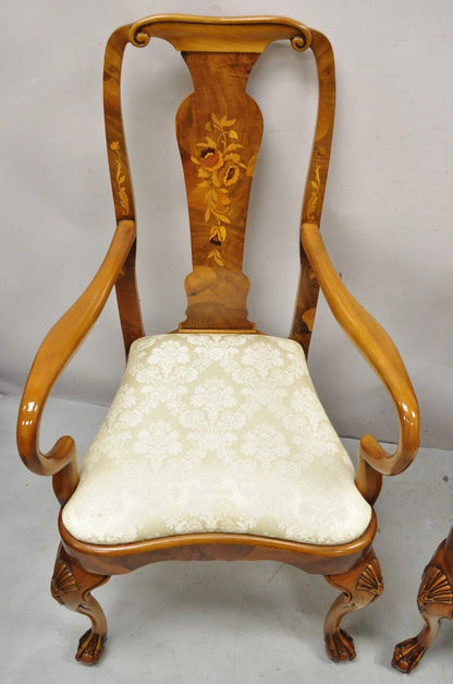 Vintage Queen Anne Style Italian Burl Wood Marquetry Inlay Arm Chairs - a Pair