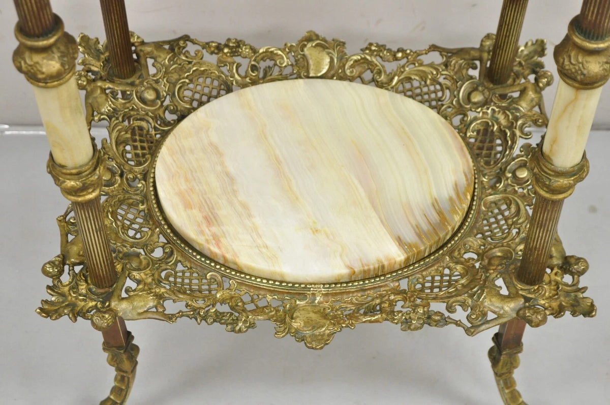 Antique French Victorian Bronze 2 Tier Onyx Stone Plant Stand Accent Side Table