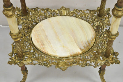 Antique French Victorian Bronze 2 Tier Onyx Stone Plant Stand Accent Side Table