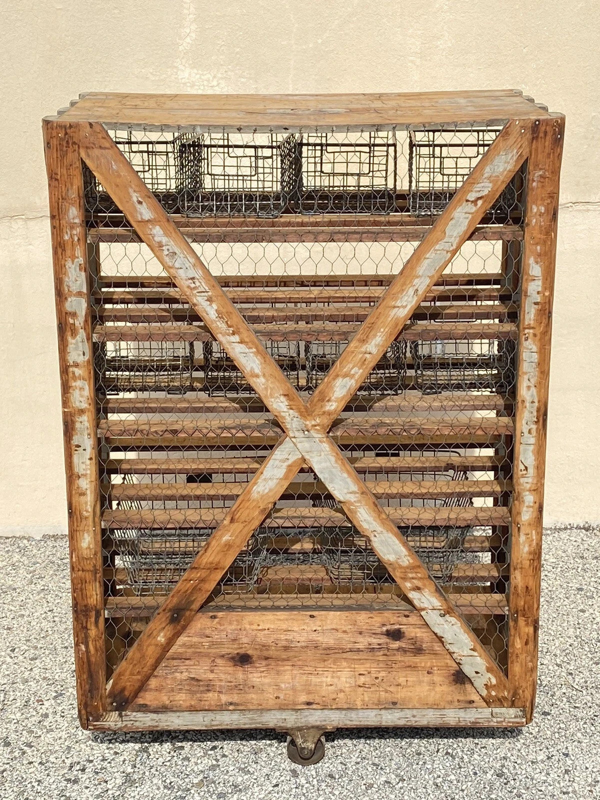 Antique Industrial Distress Gray Wooden Rolling Shelf Storage Cart Store Display
