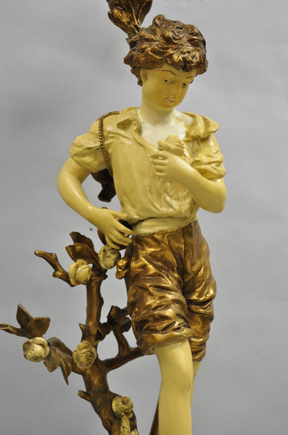 Vintage French L&F Moreau Figural Gold Painted Metal Boy Torchiere Table Lamp