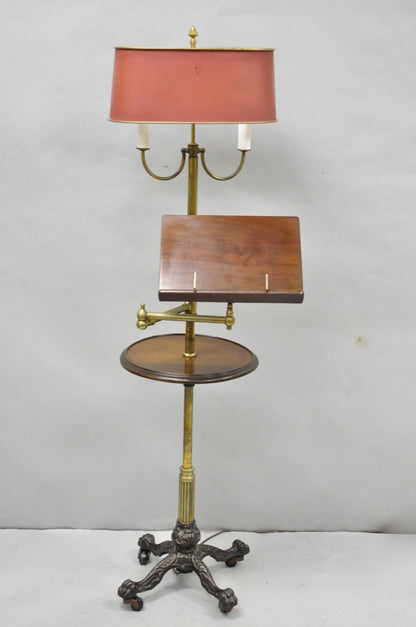 Antique English Victorian Cast Iron Paw Foot Walnut & Brass Lectern Table w Lamp