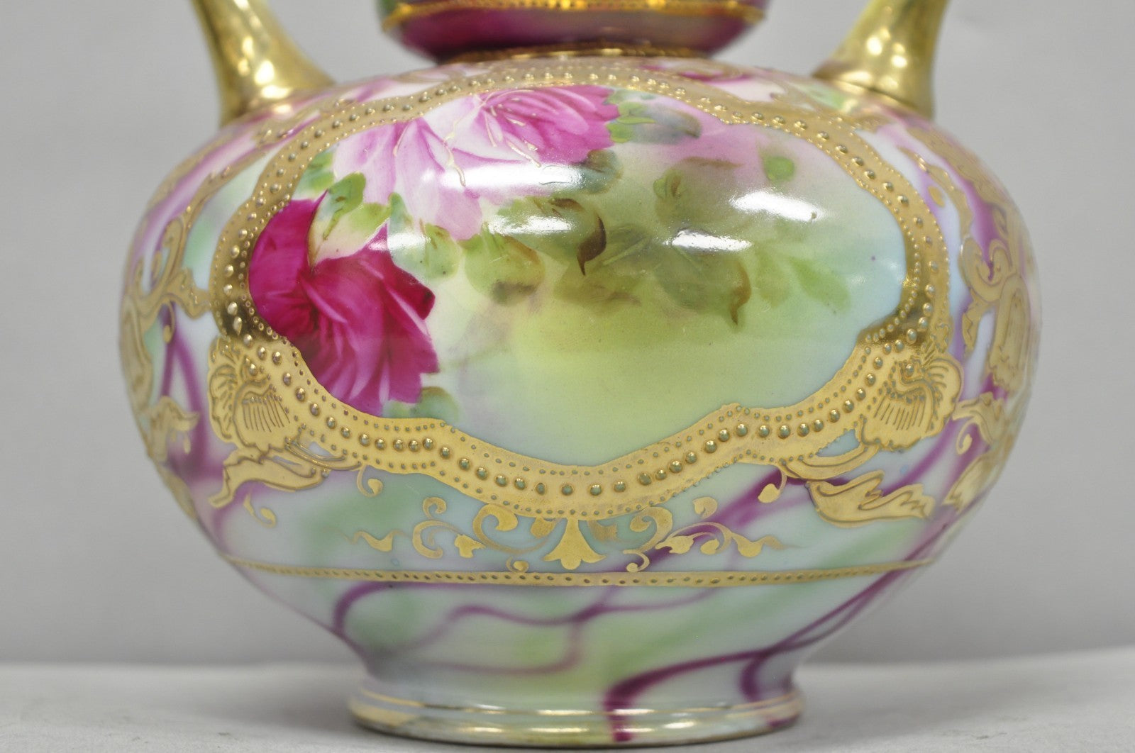 Antique Austrian Hand Painted Moriage Porcelain Double Swung Handle Bulbous Vase