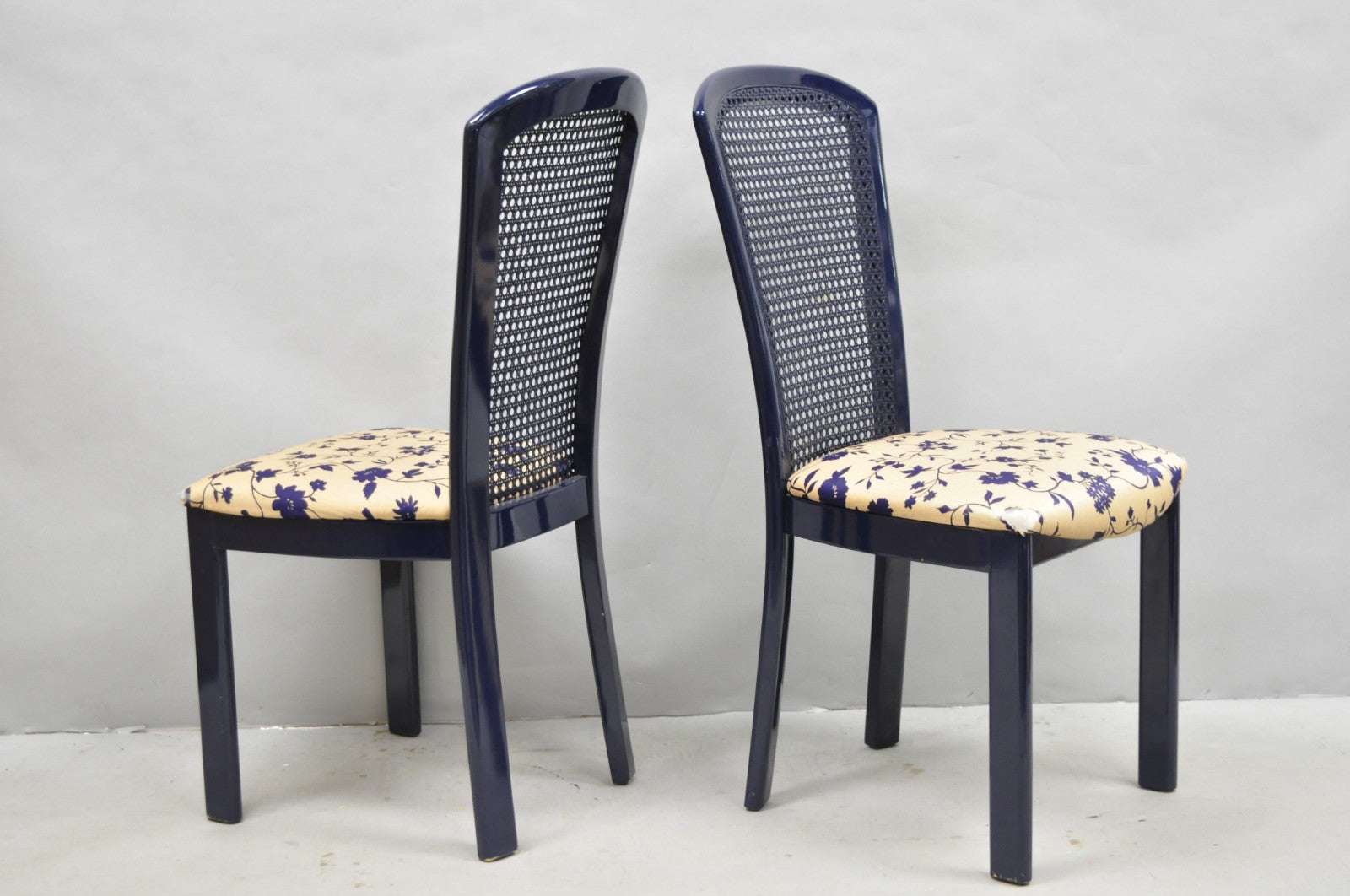 Vintage Italian Hollywood Regency Navy Blue Lacquer Cane Dining Chair - Set of 4