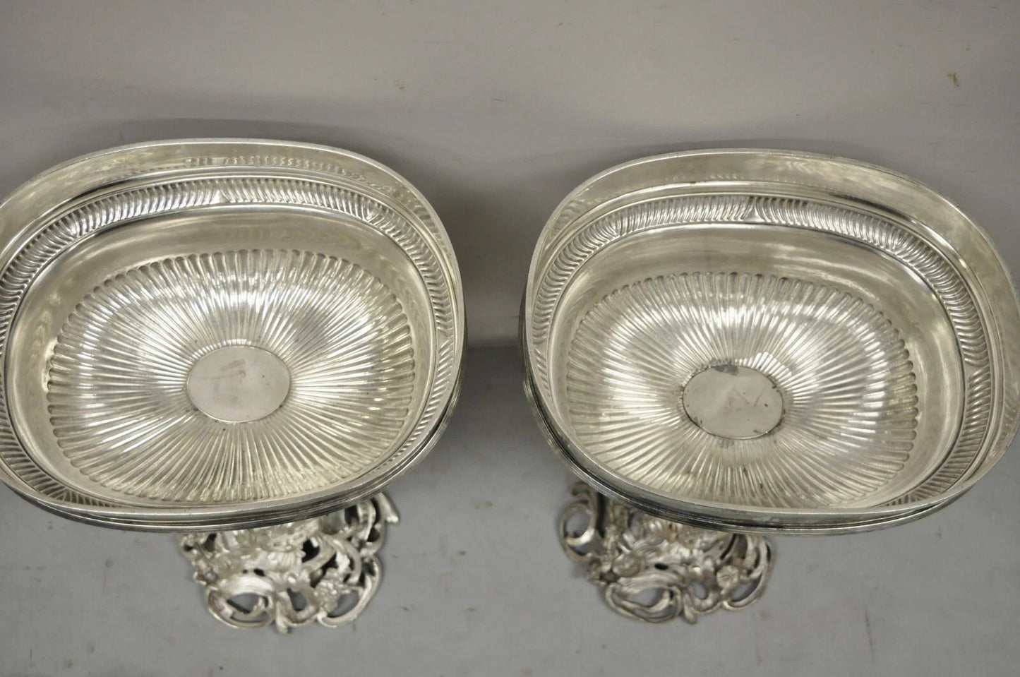 Antique French Rococo Silver Plated Cherub Dome Centerpiece Fruit Bowls - Pair